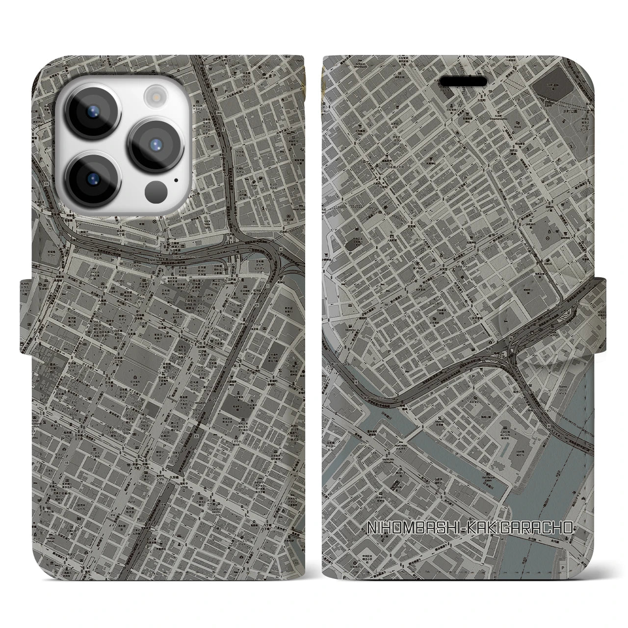 【日本橋蛎殻町】地図柄iPhoneケース（手帳両面タイプ・モノトーン）iPhone 14 Pro 用