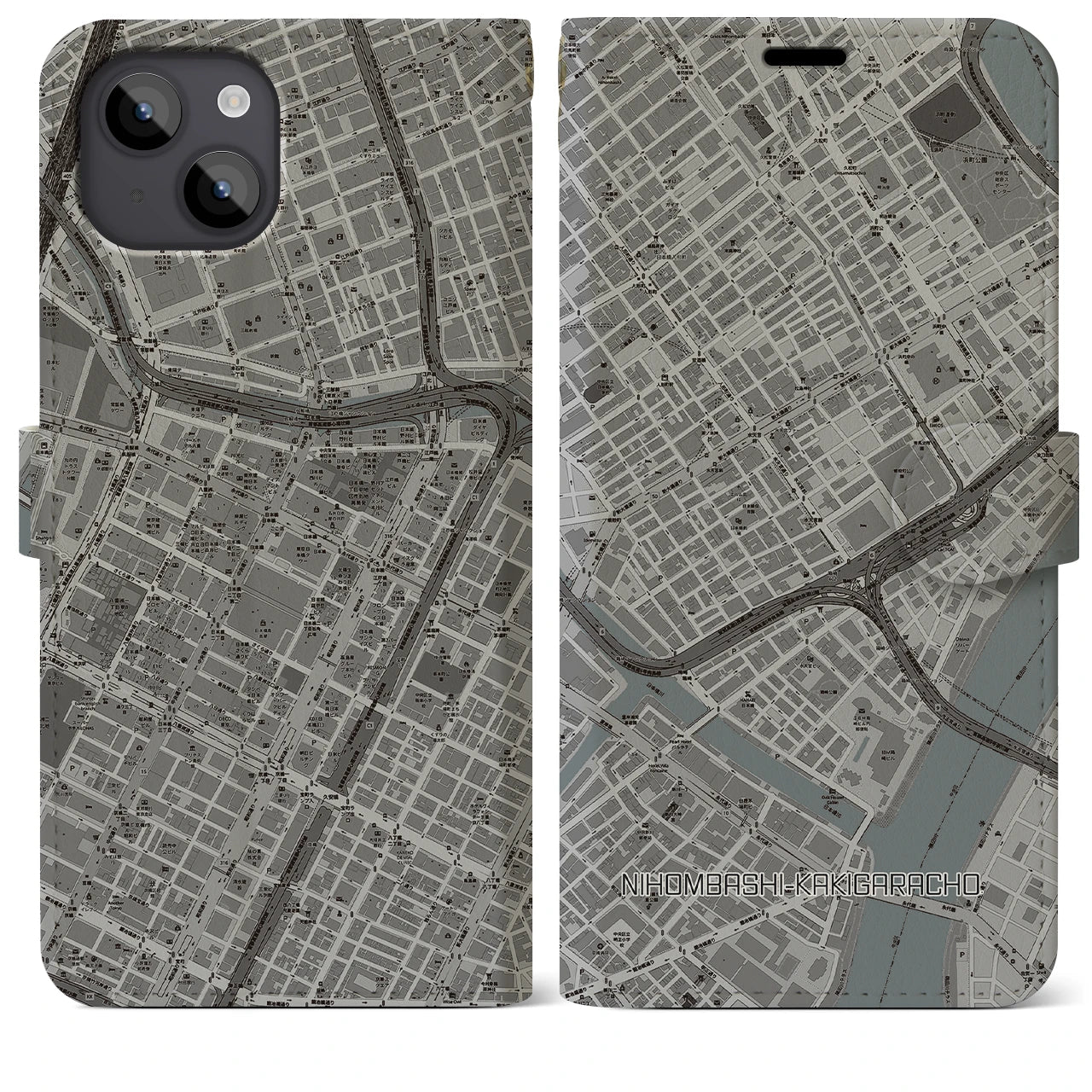 【日本橋蛎殻町（東京都）】地図柄iPhoneケース（手帳タイプ）モノトーン・iPhone 14 Plus 用