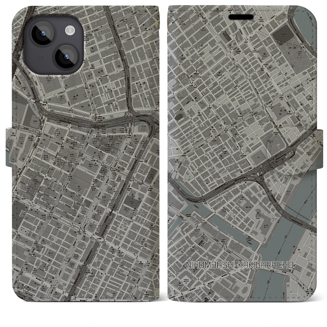 【日本橋蛎殻町】地図柄iPhoneケース（手帳両面タイプ・モノトーン）iPhone 14 Plus 用