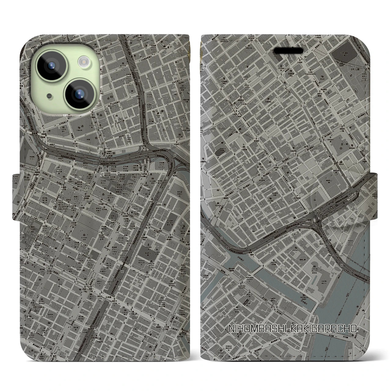 【日本橋蛎殻町】地図柄iPhoneケース（手帳両面タイプ・モノトーン）iPhone 15 用