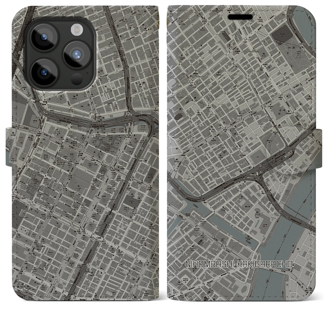 【日本橋蛎殻町】地図柄iPhoneケース（手帳両面タイプ・モノトーン）iPhone 15 Pro Max 用