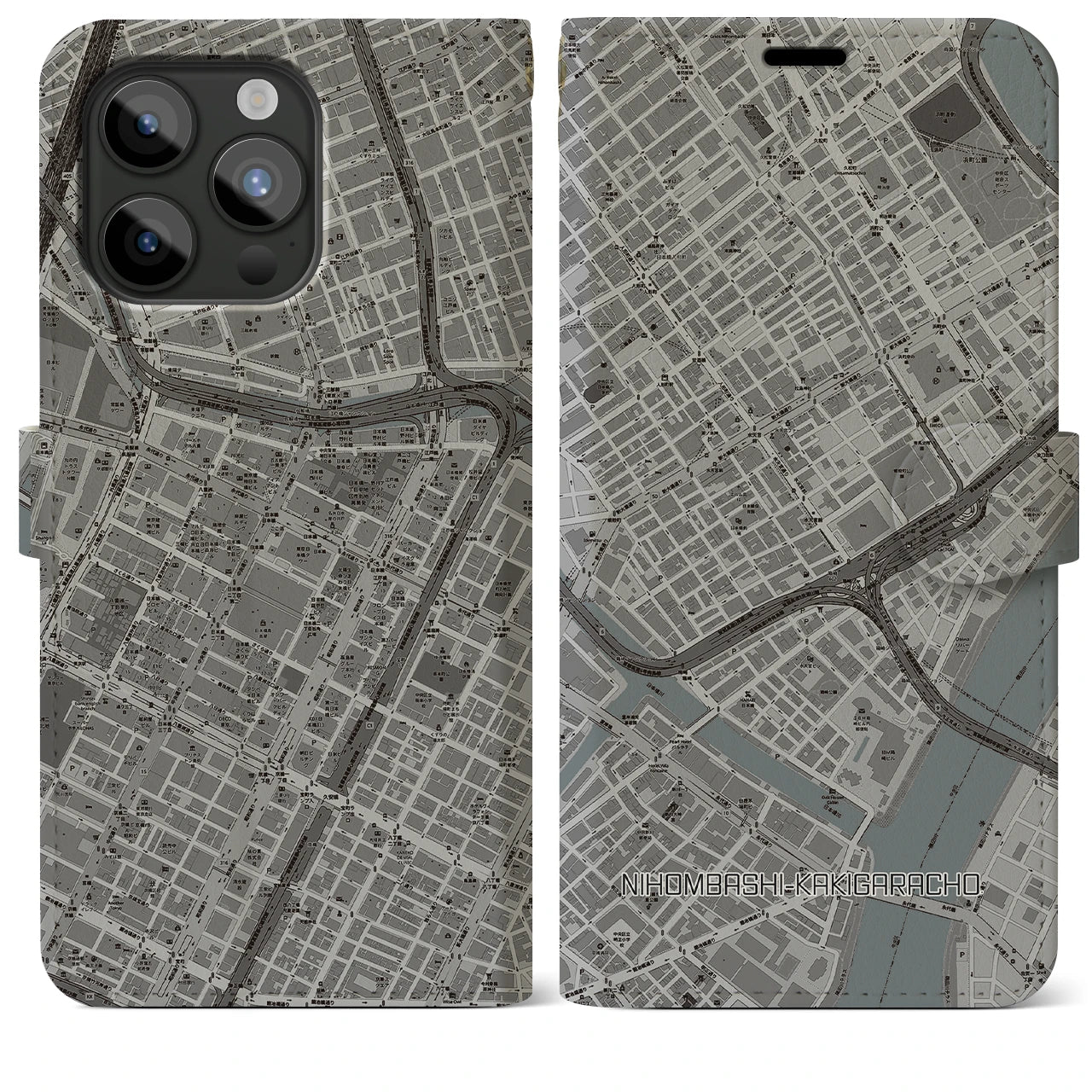 【日本橋蛎殻町】地図柄iPhoneケース（手帳両面タイプ・モノトーン）iPhone 15 Pro Max 用
