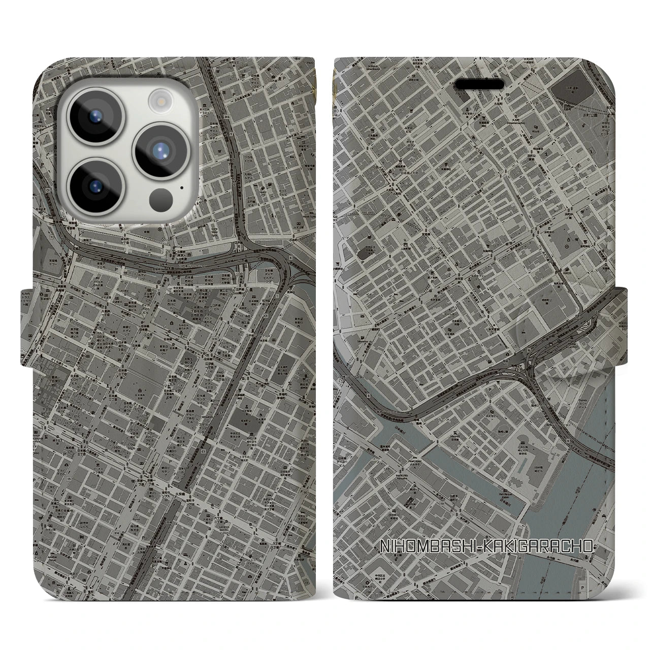 【日本橋蛎殻町】地図柄iPhoneケース（手帳両面タイプ・モノトーン）iPhone 15 Pro 用