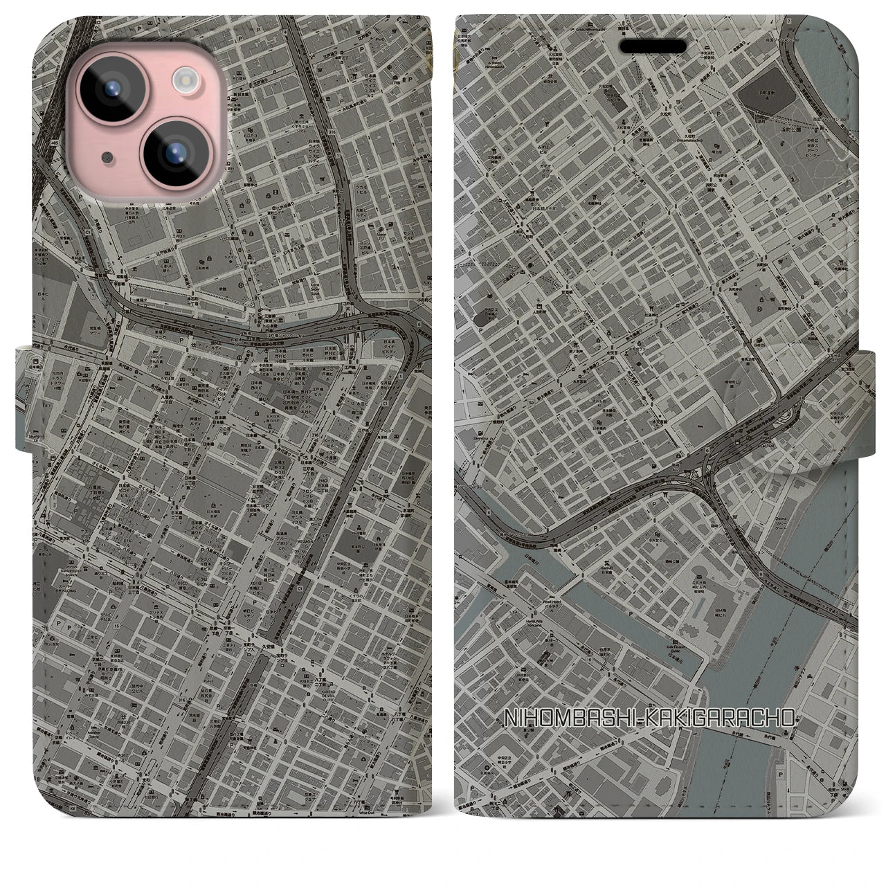 【日本橋蛎殻町】地図柄iPhoneケース（手帳両面タイプ・モノトーン）iPhone 15 Plus 用