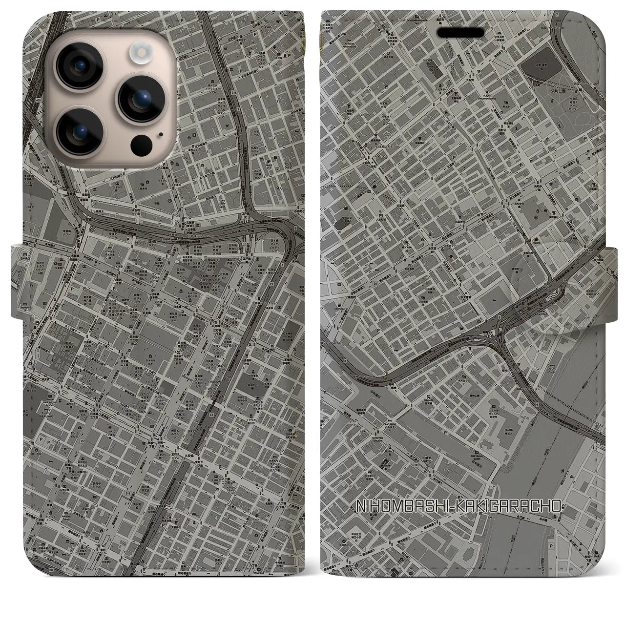 【日本橋蛎殻町（東京都）】地図柄iPhoneケース（手帳タイプ）モノトーン・iPhone 16 Plus 用