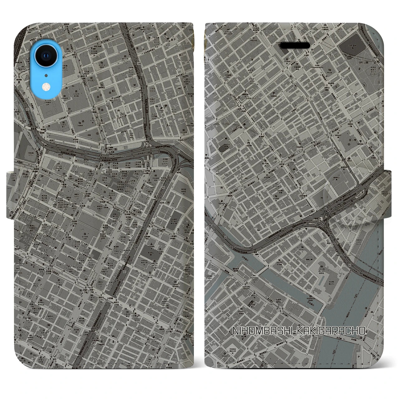 【日本橋蛎殻町（東京都）】地図柄iPhoneケース（手帳タイプ）モノトーン・iPhone XR 用