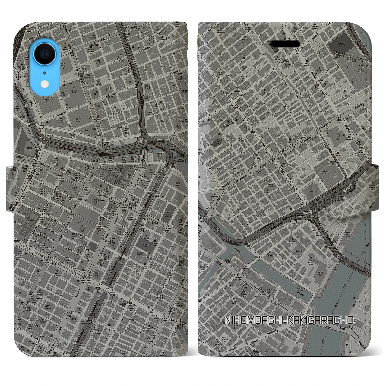 【日本橋蛎殻町】地図柄iPhoneケース（手帳両面タイプ・モノトーン）iPhone XR 用