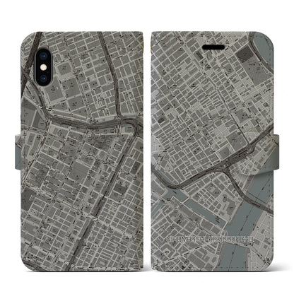 【日本橋蛎殻町（東京都）】地図柄iPhoneケース（手帳タイプ）モノトーン・iPhone XS / X 用