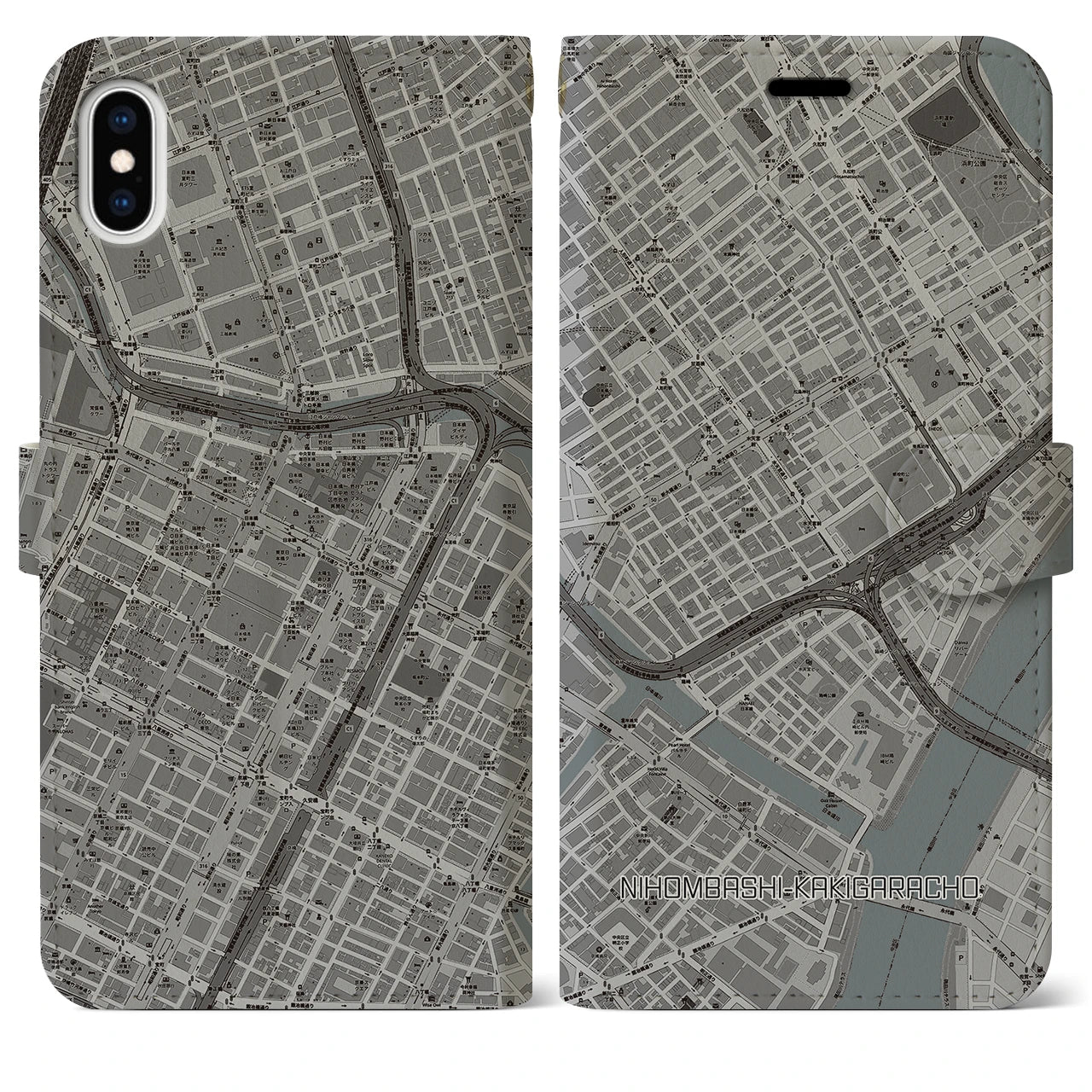 【日本橋蛎殻町】地図柄iPhoneケース（手帳両面タイプ・モノトーン）iPhone XS Max 用
