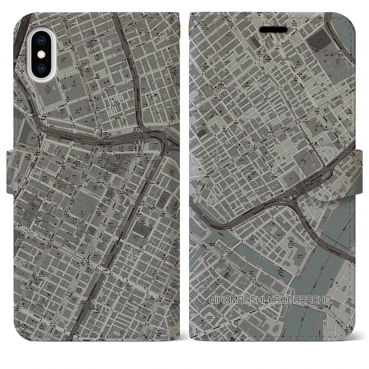 【日本橋蛎殻町（東京都）】地図柄iPhoneケース（手帳タイプ）モノトーン・iPhone XS Max 用