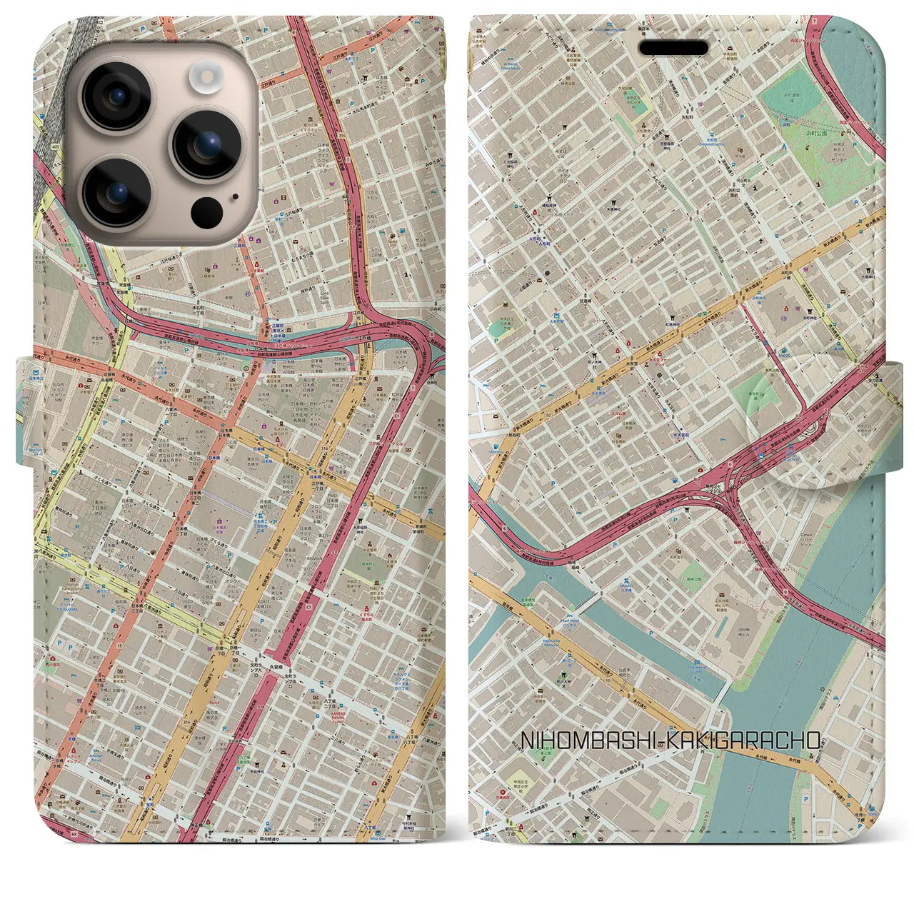 【日本橋蛎殻町（東京都）】地図柄iPhoneケース（手帳タイプ）ナチュラル・iPhone 16 Plus 用