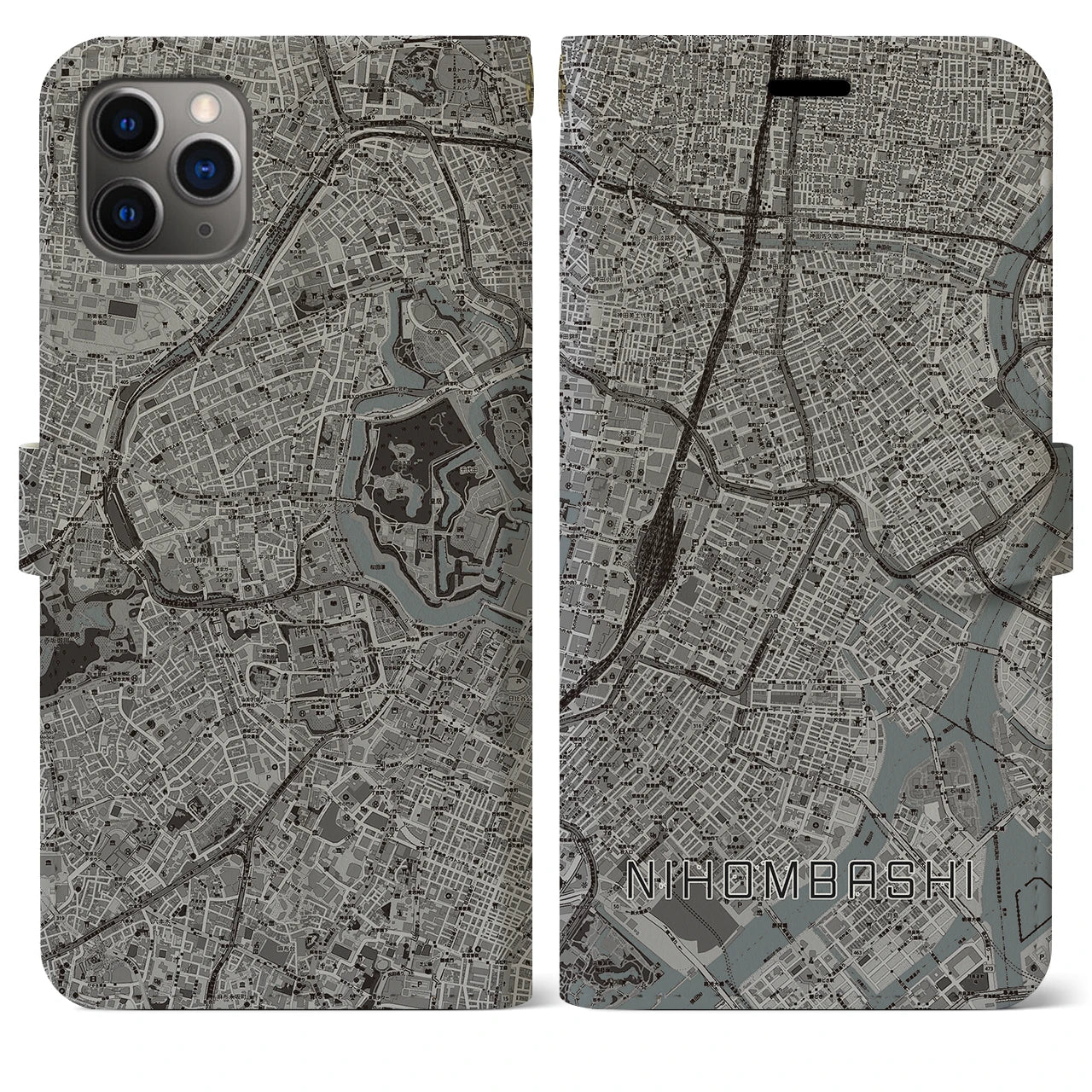 【日本橋】地図柄iPhoneケース（手帳両面タイプ・モノトーン）iPhone 11 Pro Max 用