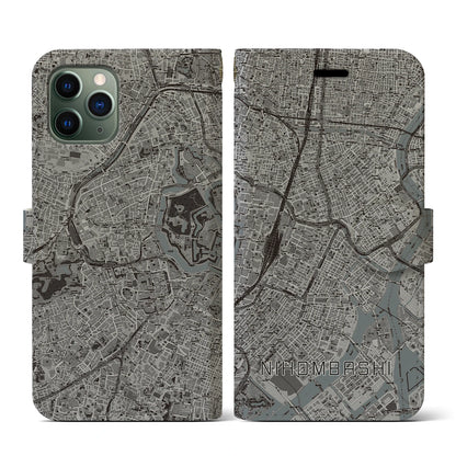 【日本橋（東京都）】地図柄iPhoneケース（手帳タイプ）モノトーン・iPhone 11 Pro 用