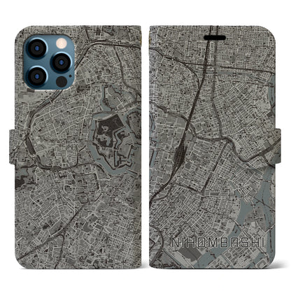【日本橋（東京都）】地図柄iPhoneケース（手帳タイプ）モノトーン・iPhone 12 / 12 Pro 用