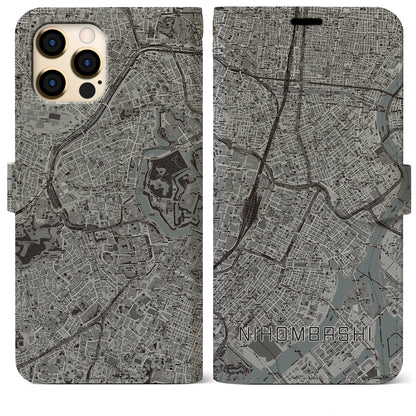 【日本橋（東京都）】地図柄iPhoneケース（手帳タイプ）モノトーン・iPhone 12 Pro Max 用