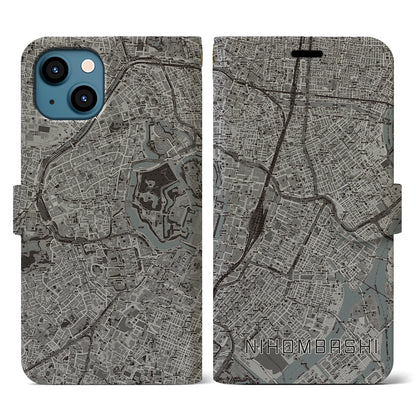 【日本橋（東京都）】地図柄iPhoneケース（手帳タイプ）モノトーン・iPhone 13 用