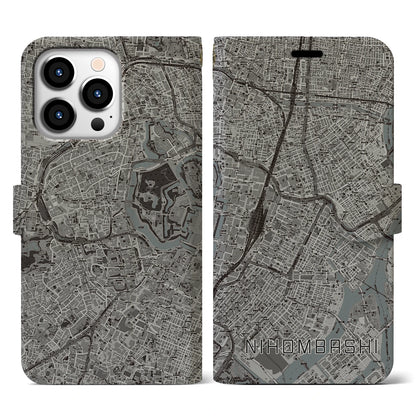 【日本橋（東京都）】地図柄iPhoneケース（手帳タイプ）モノトーン・iPhone 13 Pro 用