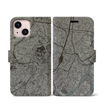 【日本橋（東京都）】地図柄iPhoneケース（手帳タイプ）モノトーン・iPhone 13 mini 用