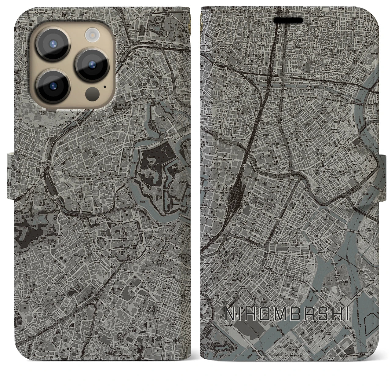 【日本橋】地図柄iPhoneケース（手帳両面タイプ・モノトーン）iPhone 14 Pro Max 用