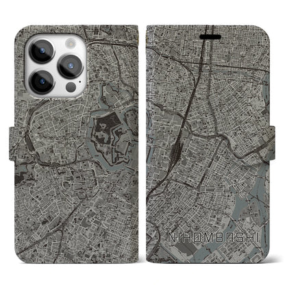 【日本橋（東京都）】地図柄iPhoneケース（手帳タイプ）モノトーン・iPhone 14 Pro 用