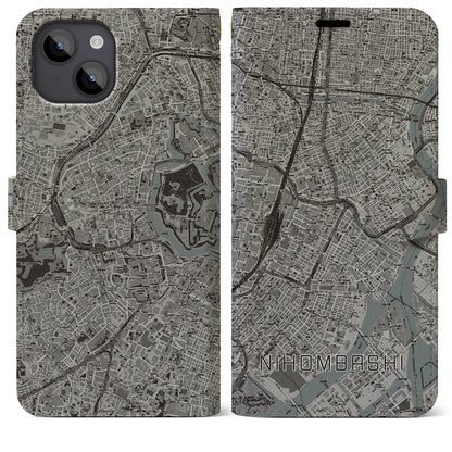 【日本橋（東京都）】地図柄iPhoneケース（手帳タイプ）モノトーン・iPhone 14 Plus 用