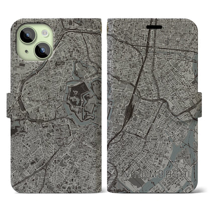 【日本橋（東京都）】地図柄iPhoneケース（手帳タイプ）モノトーン・iPhone 15 用