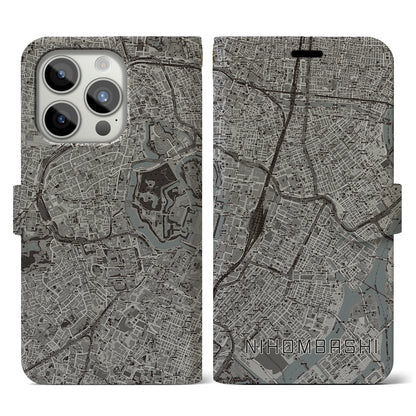 【日本橋（東京都）】地図柄iPhoneケース（手帳タイプ）モノトーン・iPhone 15 Pro 用