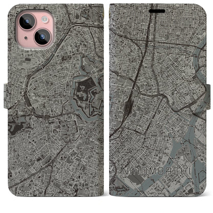 【日本橋（東京都）】地図柄iPhoneケース（手帳タイプ）モノトーン・iPhone 15 Plus 用