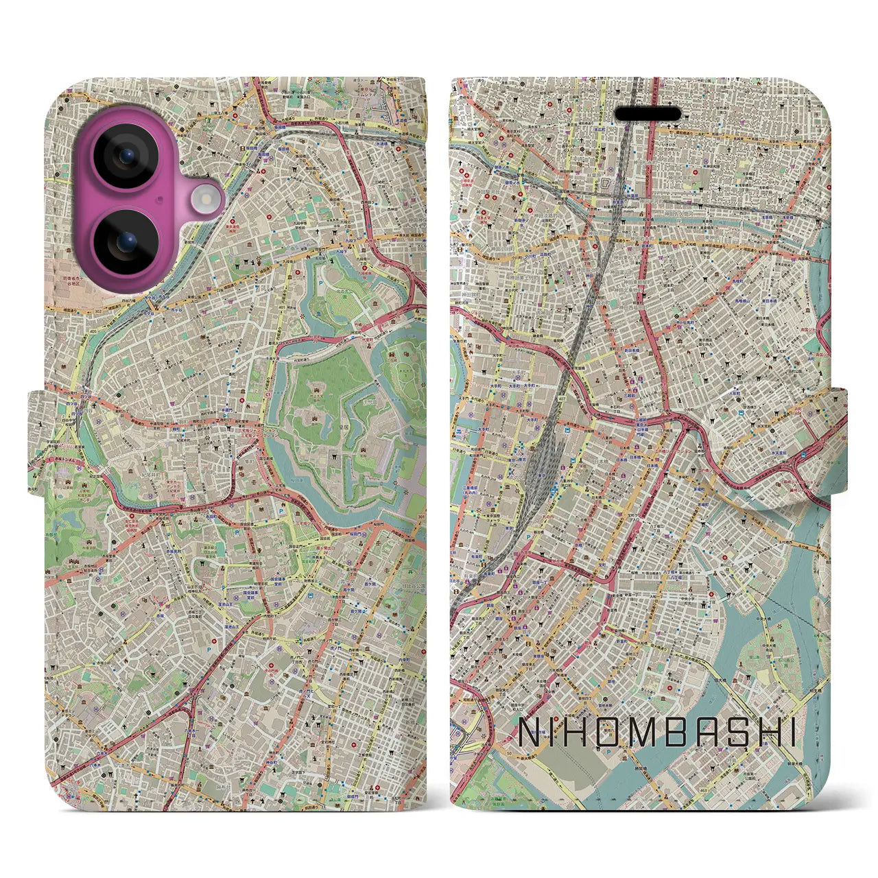 【日本橋（東京都）】地図柄iPhoneケース（手帳タイプ）ナチュラル・iPhone 16 Pro 用