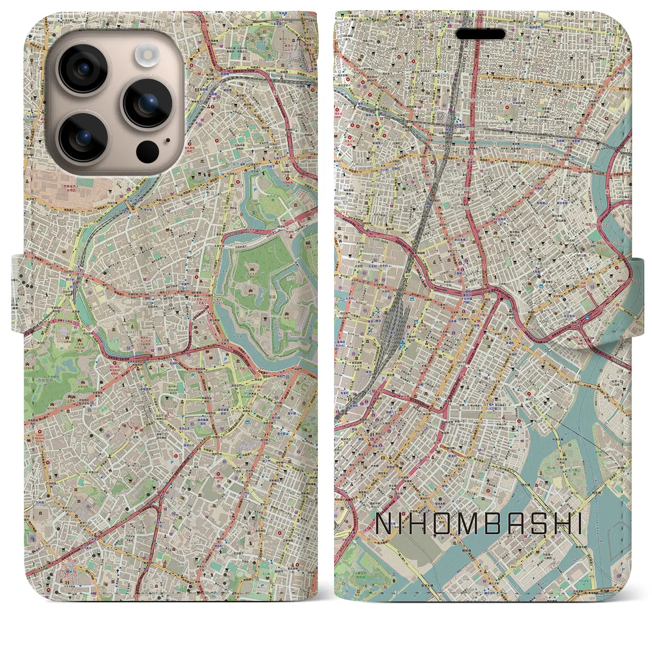 【日本橋（東京都）】地図柄iPhoneケース（手帳タイプ）ナチュラル・iPhone 16 Plus 用