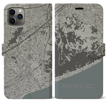 【日本平（静岡県）】地図柄iPhoneケース（手帳タイプ）モノトーン・iPhone 11 Pro Max 用