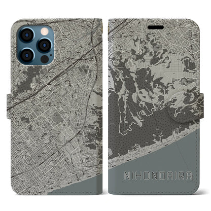 【日本平（静岡県）】地図柄iPhoneケース（手帳タイプ）モノトーン・iPhone 12 / 12 Pro 用