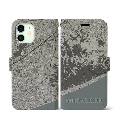 【日本平（静岡県）】地図柄iPhoneケース（手帳タイプ）モノトーン・iPhone 12 mini 用