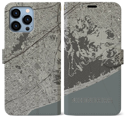 【日本平（静岡県）】地図柄iPhoneケース（手帳タイプ）モノトーン・iPhone 13 Pro Max 用