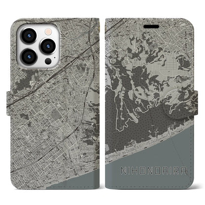 【日本平（静岡県）】地図柄iPhoneケース（手帳タイプ）モノトーン・iPhone 13 Pro 用