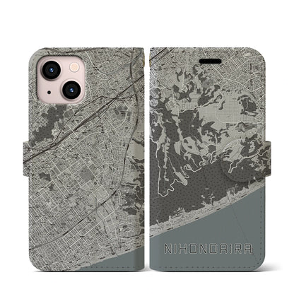 【日本平（静岡県）】地図柄iPhoneケース（手帳タイプ）モノトーン・iPhone 13 mini 用