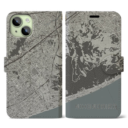 【日本平（静岡県）】地図柄iPhoneケース（手帳タイプ）モノトーン・iPhone 15 用