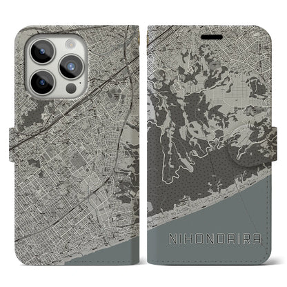 【日本平（静岡県）】地図柄iPhoneケース（手帳タイプ）モノトーン・iPhone 15 Pro 用