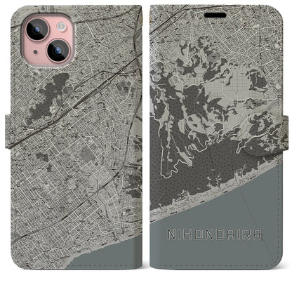 【日本平（静岡県）】地図柄iPhoneケース（手帳タイプ）モノトーン・iPhone 15 Plus 用