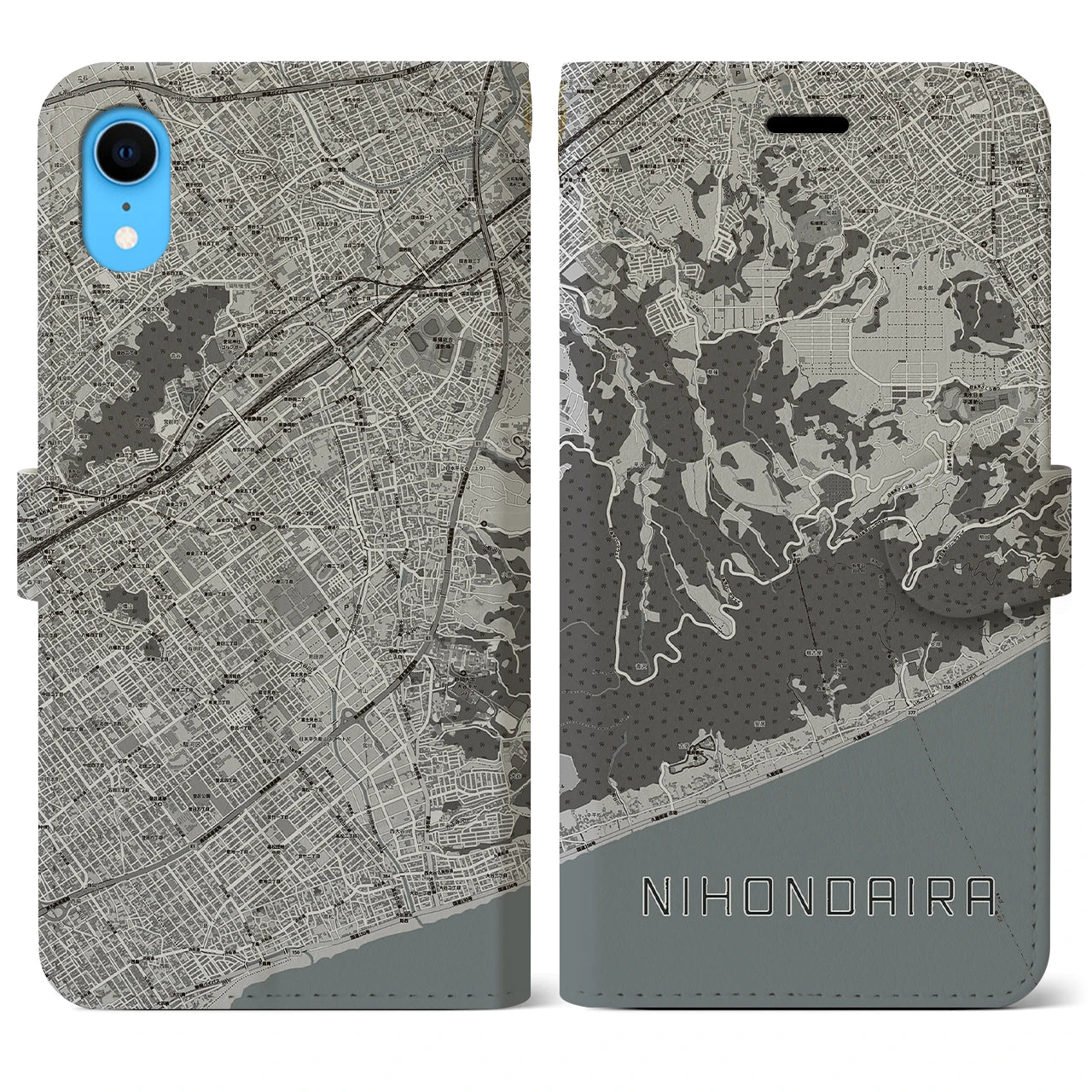 【日本平】地図柄iPhoneケース（手帳両面タイプ・モノトーン）iPhone XR 用