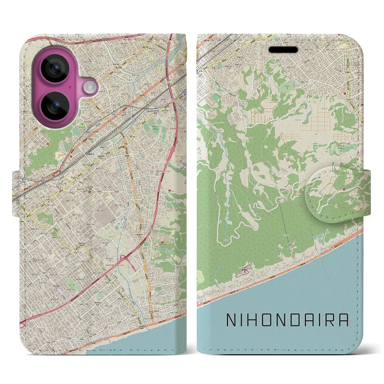 【日本平（静岡県）】地図柄iPhoneケース（手帳タイプ）ナチュラル・iPhone 16 Pro 用