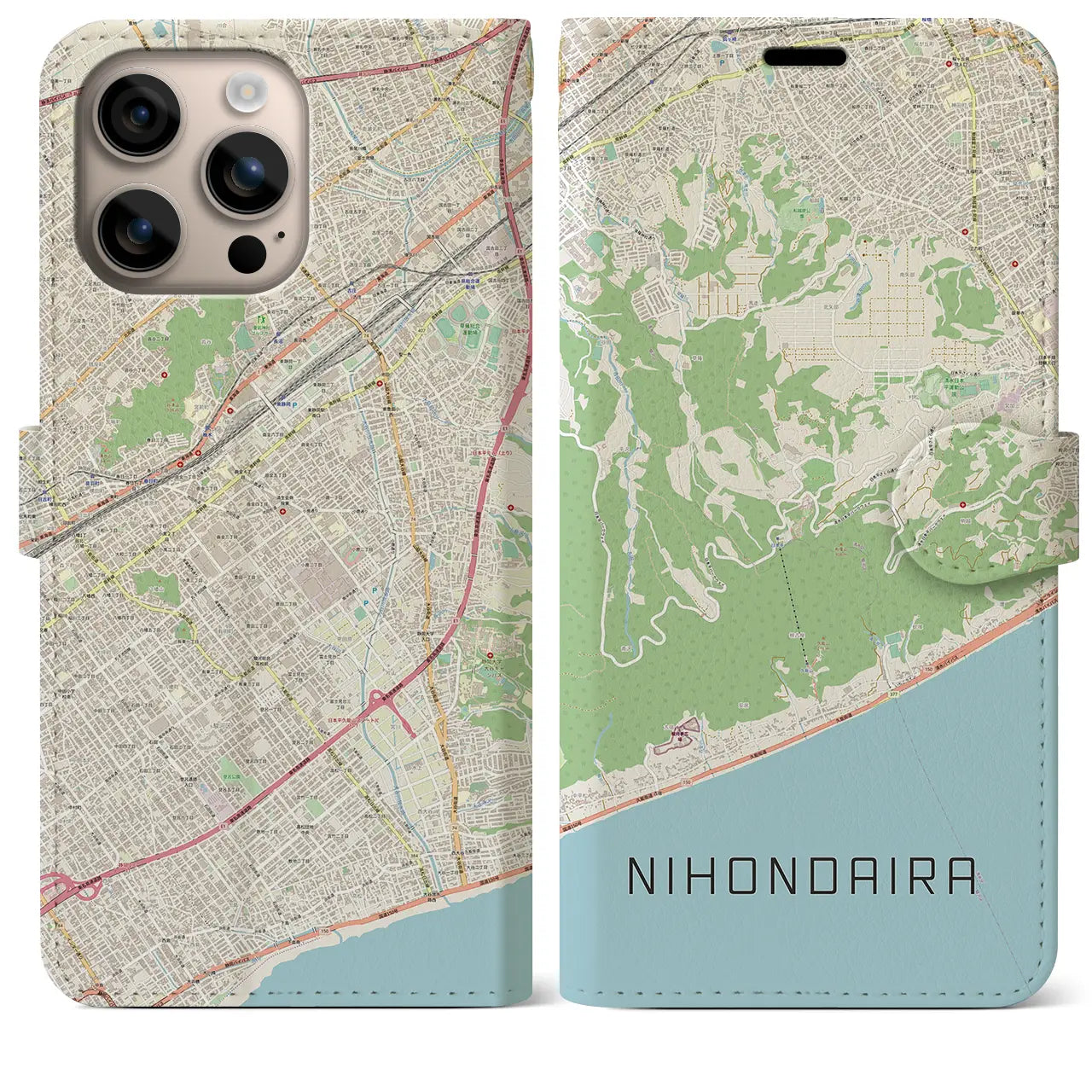 【日本平（静岡県）】地図柄iPhoneケース（手帳タイプ）ナチュラル・iPhone 16 Plus 用