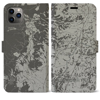 【二本松（福島県）】地図柄iPhoneケース（手帳タイプ）モノトーン・iPhone 11 Pro Max 用