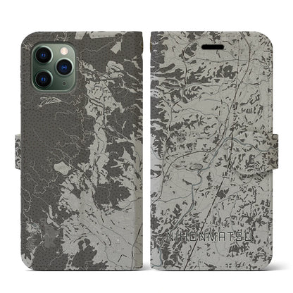 【二本松（福島県）】地図柄iPhoneケース（手帳タイプ）モノトーン・iPhone 11 Pro 用