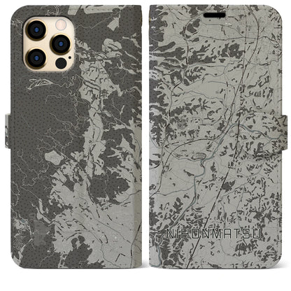 【二本松（福島県）】地図柄iPhoneケース（手帳タイプ）モノトーン・iPhone 12 Pro Max 用