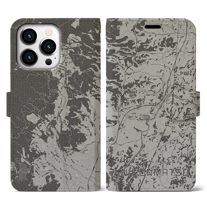 【二本松（福島県）】地図柄iPhoneケース（手帳タイプ）モノトーン・iPhone 13 Pro 用