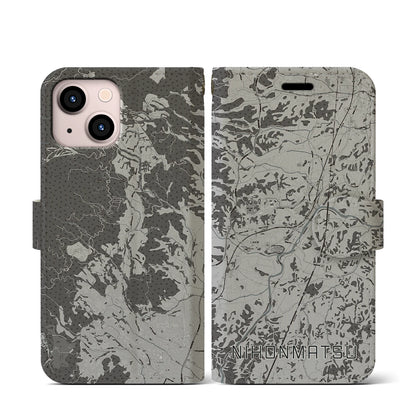 【二本松（福島県）】地図柄iPhoneケース（手帳タイプ）モノトーン・iPhone 13 mini 用