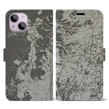【二本松（福島県）】地図柄iPhoneケース（手帳タイプ）モノトーン・iPhone 14 用