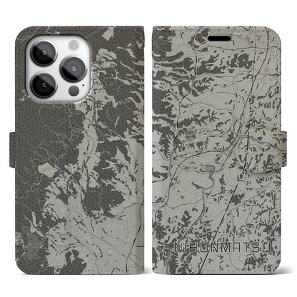【二本松（福島県）】地図柄iPhoneケース（手帳タイプ）モノトーン・iPhone 14 Pro 用