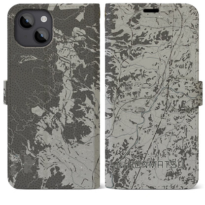 【二本松（福島県）】地図柄iPhoneケース（手帳タイプ）モノトーン・iPhone 14 Plus 用